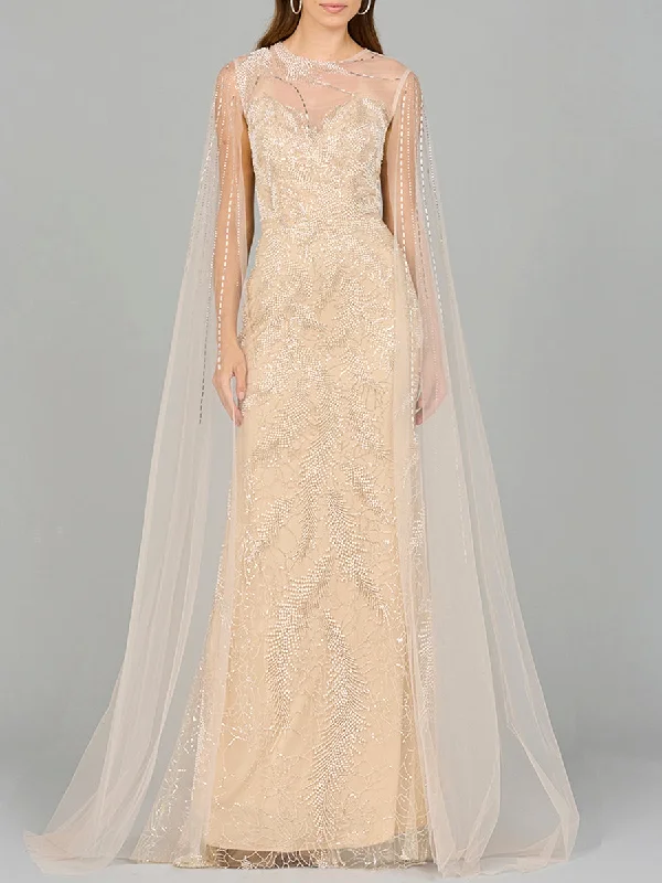 Lara Dresses 29047 Long Formal Cape Sleeve Beaded Evening Dress