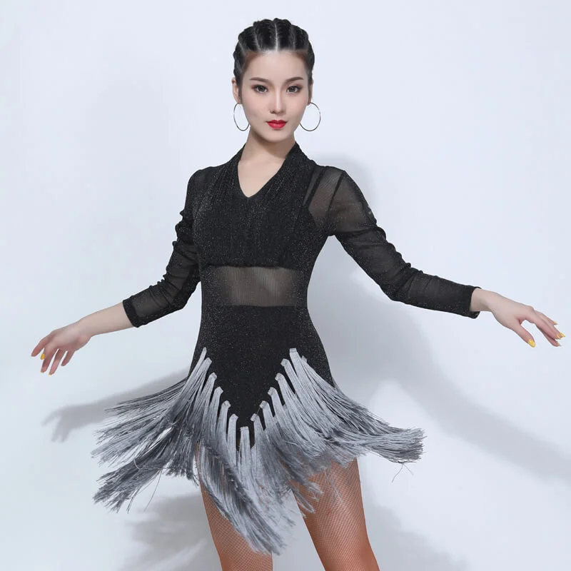 V Neck Knee-Length Latin Dress with Tassels