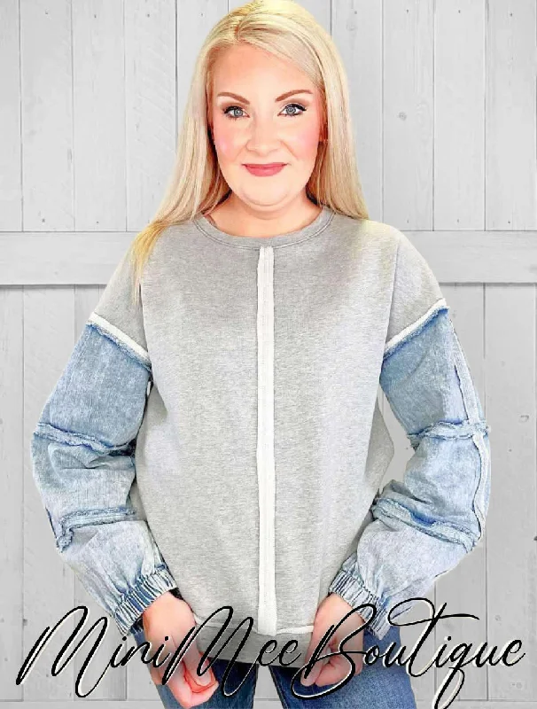 Denim Fringe Sleeve Sweater Collared Crew Neck Turtle Neck
