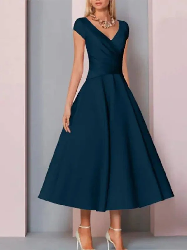 A-Line Mother of the Bride Dress Elegant V Neck Tea Length Charmeuse Sleeveless with Ruching A-Line Mother of the Bride Dress Elegant V Neck Tea Length Charmeuse Sleeveless with Ruching