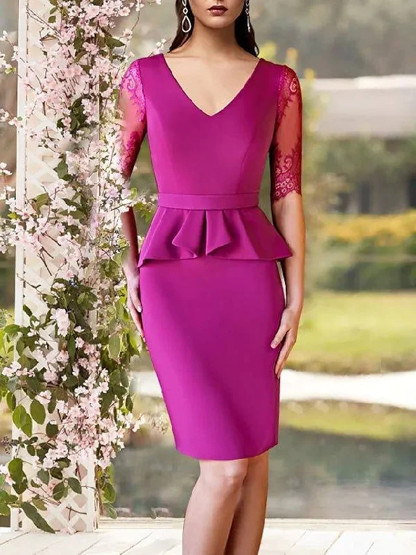 Sheath / Column Mother of the Bride Dress Elegant V Neck Knee Length Stretch Chiffon Short Sleeve with Ruffles