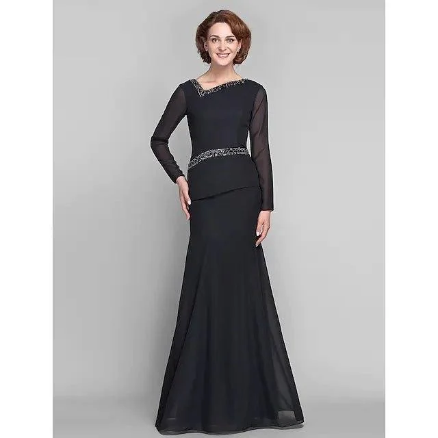 Mermaid / Trumpet Mother of the Bride Dress V Neck Floor Length Chiffon Long Sleeve with Beading 2022 / Illusion Sleeve Mermaid / Trumpet Mother of the Bride Dress V Neck Floor Length Chiffon Long Sleeve with Beading 2022 / Illusion Sleeve