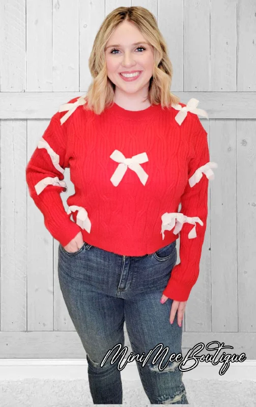 Red Sweater with White Bows Welt Pockets Slit Pockets Flap Pockets