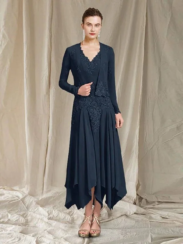 Two Piece A-Line Mother of the Bride Dress Elegant Wrap Included V Neck Ankle Length Chiffon Lace Sleeveless with Pleats Appliques
