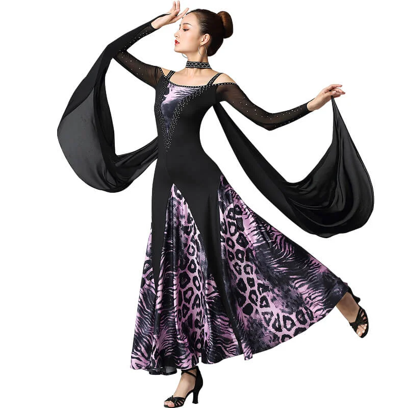 Off Shoulder Leopard Ballroom Dress with Rhinestones