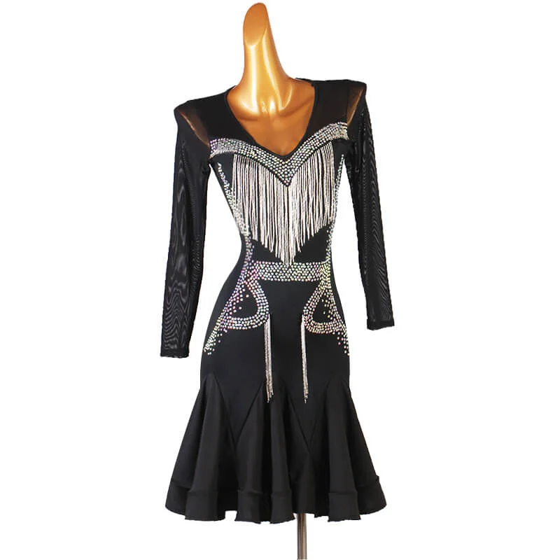 V Neck Jewelled Long Sleeve Latin Dress with Mesh
