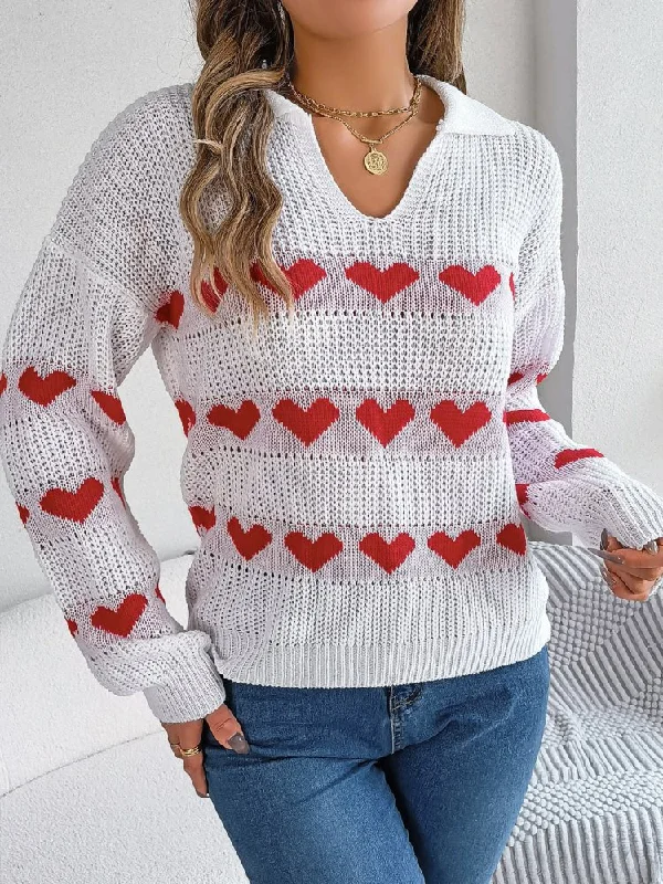 Cute Heart Pattern Long Sleeve Sweater Fitted Slim Tailored