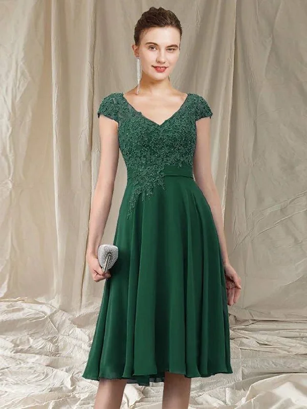 A-Line Mother of the Bride Dress Elegant V Neck Knee Length Chiffon Lace Cap Sleeve with Pleats Appliques A-Line Mother of the Bride Dress Elegant V Neck Knee Length Chiffon Lace Cap Sleeve with Pleats Appliques