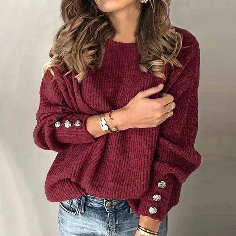 Button Sweater Autumn Winter Loose Round Neck Outer Wear Sweater Women Graphic Sweater Embroidered Appliqued
