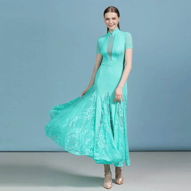 Flared Mandarin Collar Ballroom Dress with Lace