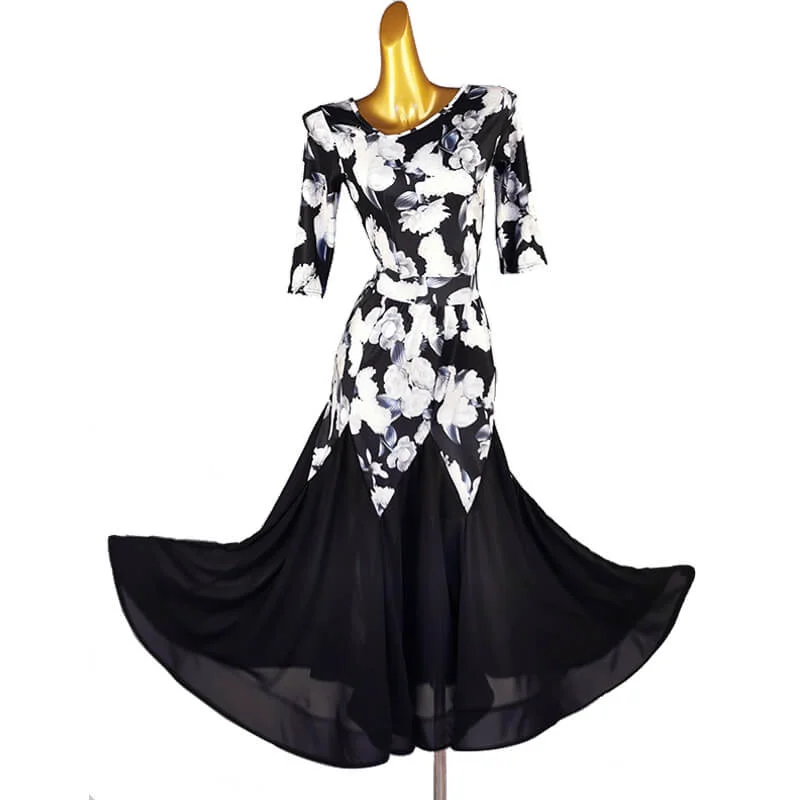 V Neck Flower Print Ballroom Dress (Leotard+Skirt)