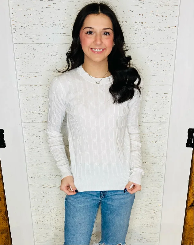 White Cable Knit Sweater Terry Blend Velvet Blend Canvas Blend