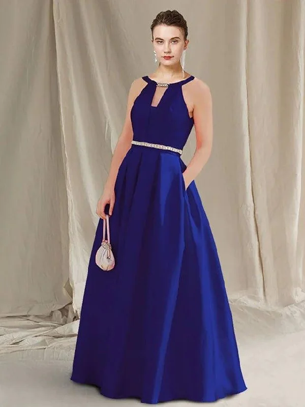A-Line Mother of the Bride Dress Plus Size Elegant Jewel Neck Floor Length Satin Sleeveless with Sash / Ribbon