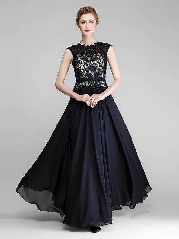 A-Line Mother of the Bride Dress Jewel Neck Floor Length Chiffon Lace Sleeveless with Lace