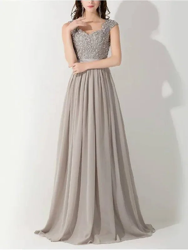 A-Line Evening Dresses Beautiful Back Floral Dress Engagement Formal Evening Sweep / Brush Train Scoop Neck Sleeveless Chiffon with Sash / Ribbon Appliques