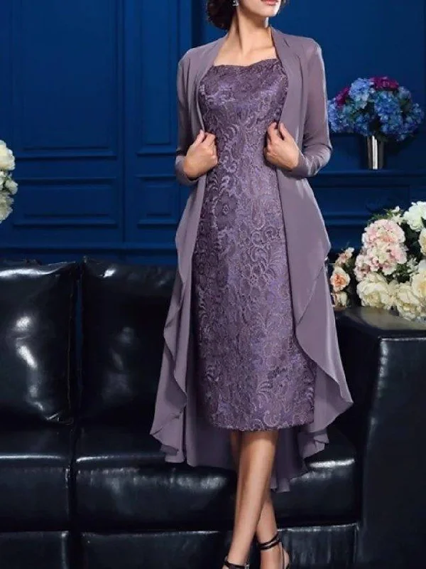 Two Piece Sheath / Column Mother of the Bride Dress Elegant Jewel Neck Knee Length Chiffon Lace Long Sleeve with Appliques Two Piece Sheath / Column Mother of the Bride Dress Elegant Jewel Neck Knee Length Chiffon Lace Long Sleeve with Appliques