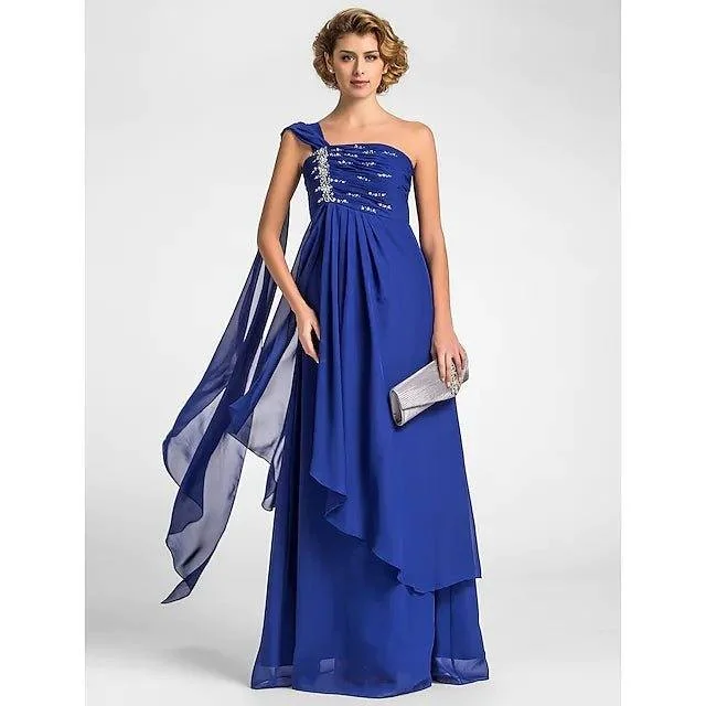 A-Line Mother of the Bride Dress Sparkle & Shine One Shoulder Watteau Train Floor Length Chiffon Sleeveless with Beading Draping Side Draping