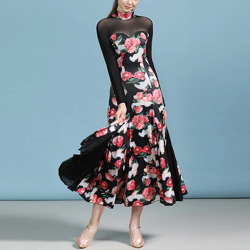 High Neck Long Sleeve Ballroom Dress with Flowers