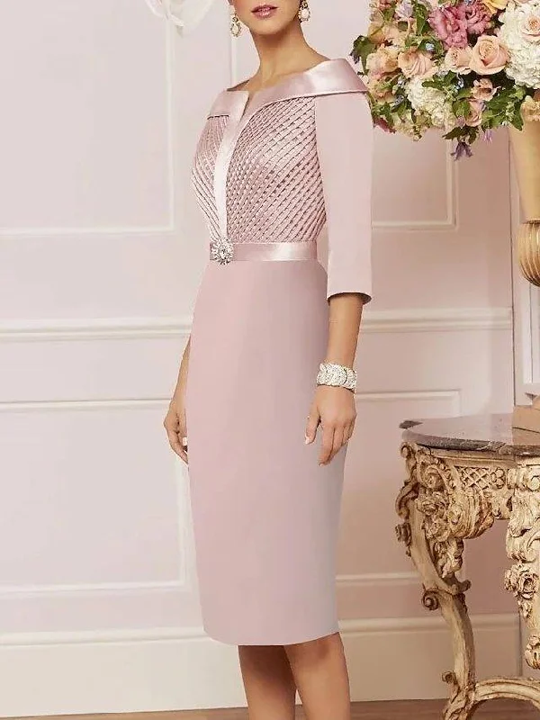 Sheath / Column Mother of the Bride Dress Elegant Jewel Neck Knee Length Satin 3/4 Length Sleeve with Sash / Ribbon Crystal Brooch Sheath / Column Mother of the Bride Dress Elegant Jewel Neck Knee Length Satin 3/4 Length Sleeve with Sash / Ribbon Crystal Brooch