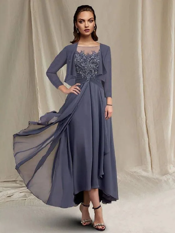 Two Piece A-Line Mother of the Bride Dress Elegant Wrap Included Jewel Neck Asymmetrical Tea Length Chiffon Lace 3/4 Length Sleeve with Sequin Appliques
