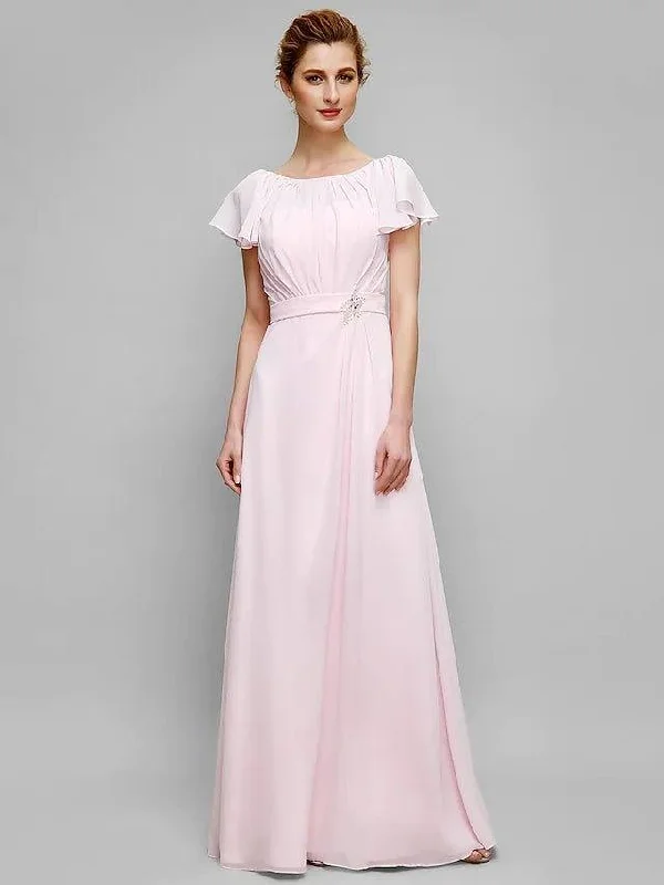 Sheath / Column Mother of the Bride Dress Scoop Neck Floor Length Chiffon Short Sleeve with Crystals Draping