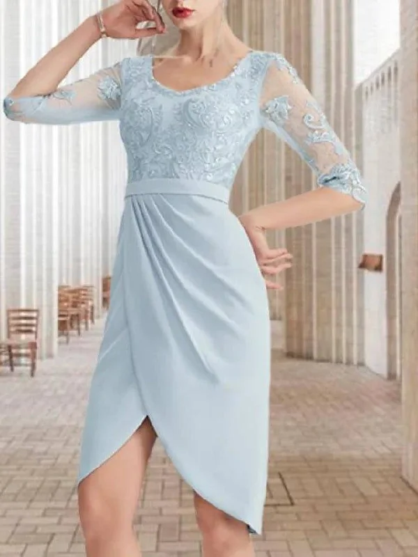 Sheath / Column Mother of the Bride Dress Elegant Jewel Neck Knee Length Chiffon Lace Half Sleeve with Appliques Split Front Sheath / Column Mother of the Bride Dress Elegant Jewel Neck Knee Length Chiffon Lace Half Sleeve with Appliques Split Front