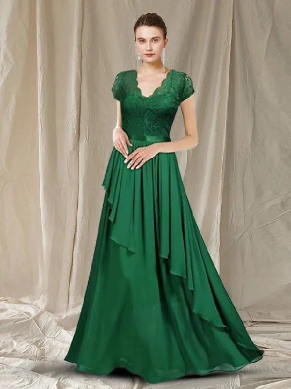 A-Line Mother of the Bride Dress Elegant V Neck Floor Length Chiffon Lace Short Sleeve with Ruffles A-Line Mother of the Bride Dress Elegant V Neck Floor Length Chiffon Lace Short Sleeve with Ruffles