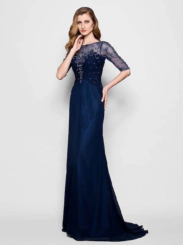 A-Line Mother of the Bride Dress See Through Jewel Neck Sweep / Brush Train Chiffon Tulle Half Sleeve with Ruched Crystals Beading 2022 / Illusion Sleeve