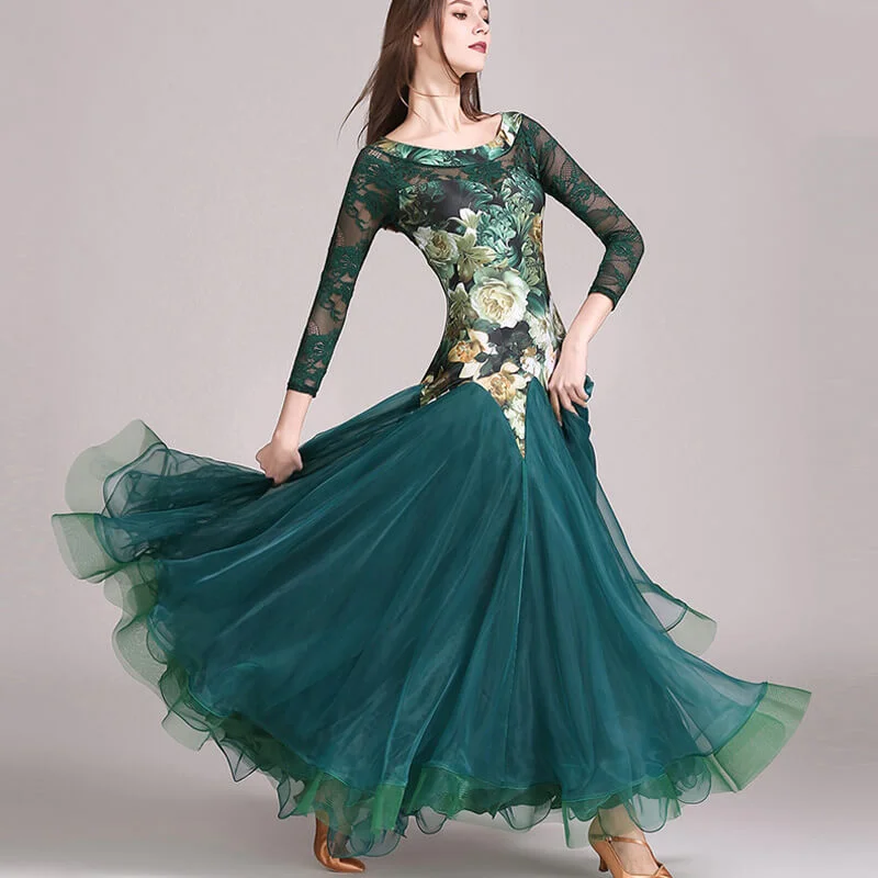 Boat Neck 3/4 Length Sleeve Ballroom Dress with Mesh