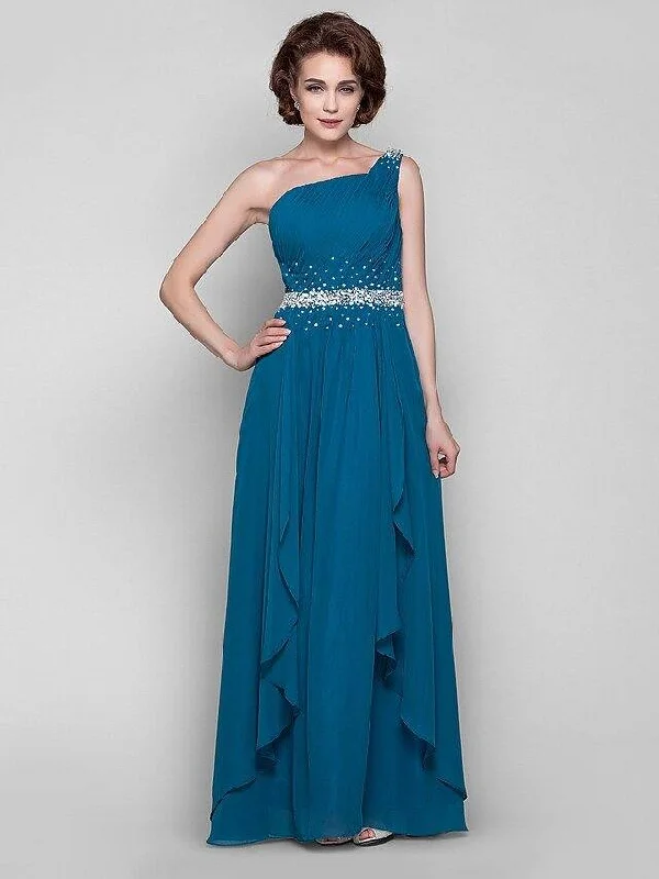 A-Line Mother of the Bride Dress Sparkle & Shine One Shoulder Floor Length Chiffon Sleeveless with Beading Draping Side Draping