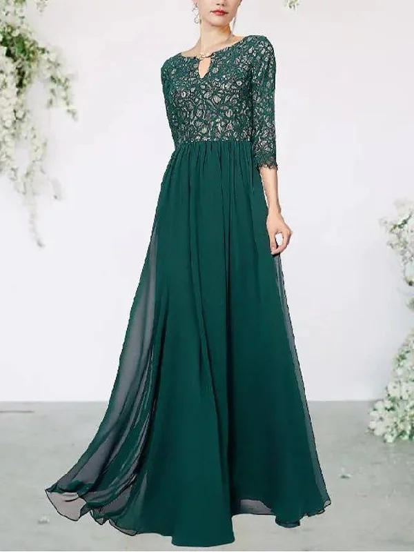 A-Line Mother of the Bride Dress Plus Size Elegant Jewel Neck Floor Length Chiffon Lace 3/4 Length Sleeve with Pleats A-Line Mother of the Bride Dress Plus Size Elegant Jewel Neck Floor Length Chiffon Lace 3/4 Length Sleeve with Pleats