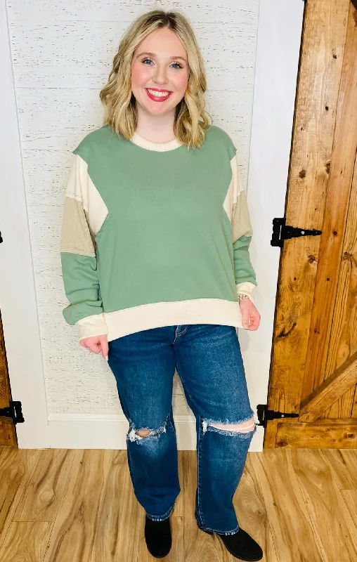 ColorBlock Sweater - Green/Tan Chenille Blend Fleece Blend Nylon Blend