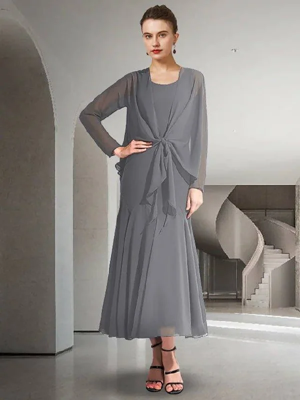 Two Piece A-Line Mother of the Bride Dress Elegant Jewel Neck Ankle Length Chiffon Sleeveless with Solid Color