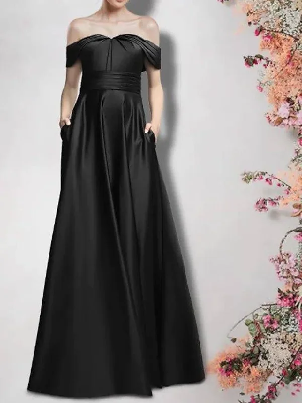 A-Line Mother of the Bride Dress Plus Size Elegant Strapless Floor Length Satin Half Sleeve with Pleats Ruched