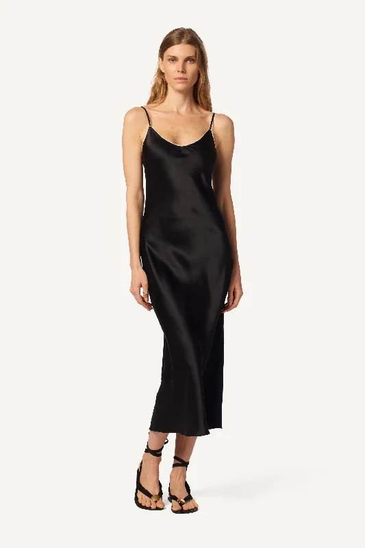 TAYLOR  SILK DRESS W/ CONTRAST PIPING | BLACK/GARDENIA