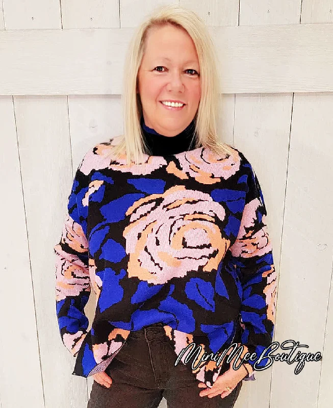Floral Sweater Turtle Neck Boat Neck Asymmetrical Neck