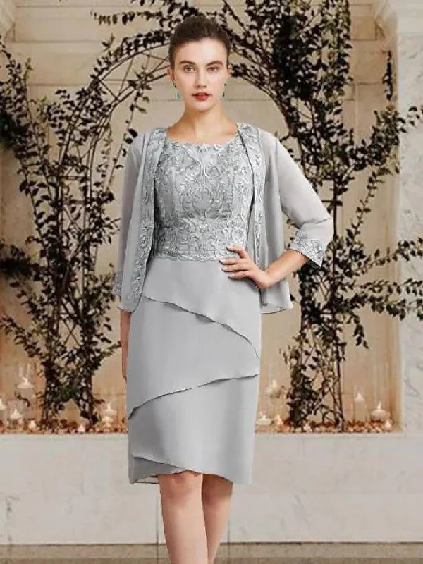 Two Piece Sheath / Column Mother of the Bride Dress Elegant Wrap Included Square Neck Jewel Neck Knee Length Chiffon Lace Sleeveless with Ruffles Appliques
