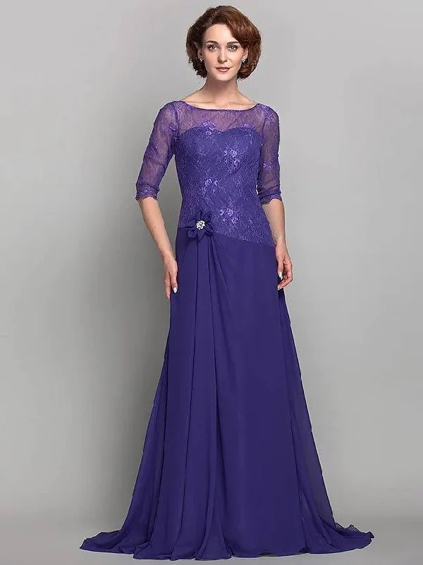 A-Line Mother of the Bride Dress Bateau Neck Sweep / Brush Train Chiffon Lace 3/4 Length Sleeve with Flower 2022 / Illusion Sleeve