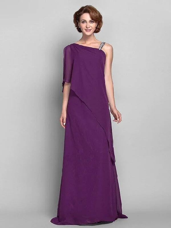Sheath / Column Mother of the Bride Dress Elegant One Shoulder Floor Length Chiffon Sleeveless with Beading