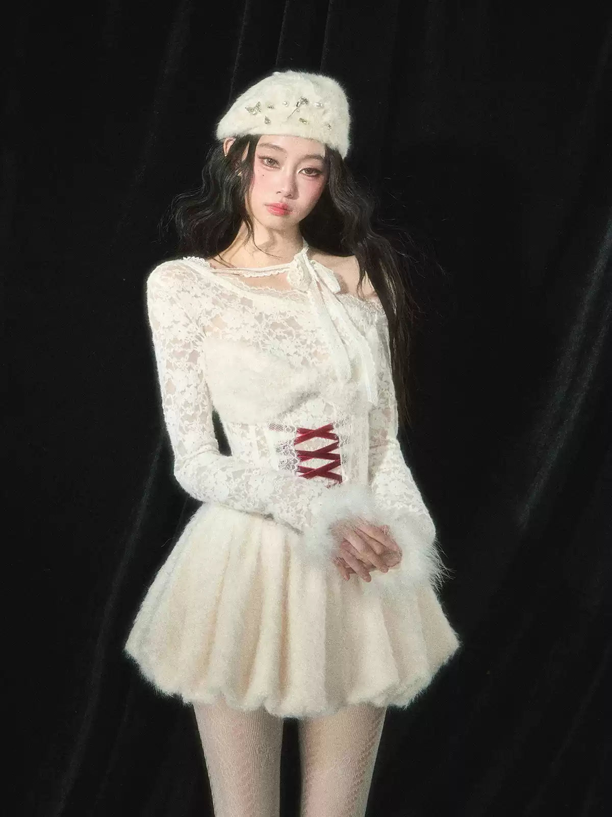 Lace Oblique Shoulder Puffy Dress DIA0270