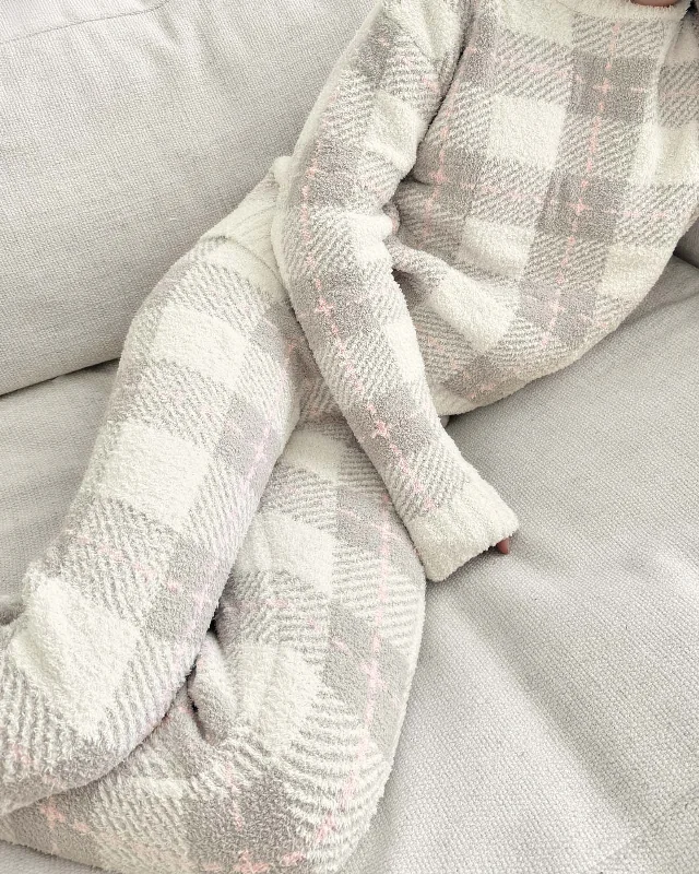 Grey Plaid Fuzzy Sweater PJ Set High Neck Crew Neck V-Neck
