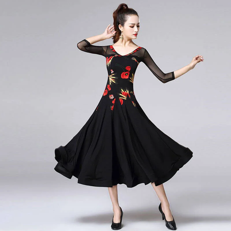 V Neck Flower Ballroom Dress with Mesh