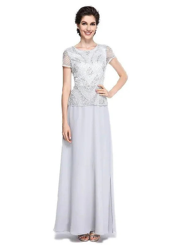 Sheath / Column Mother of the Bride Dress Jewel Neck Floor Length Chiffon Short Sleeve with Beading Sequin 2022 / Illusion Sleeve Sheath / Column Mother of the Bride Dress Jewel Neck Floor Length Chiffon Short Sleeve with Beading Sequin 2022 / Illusion Sleeve