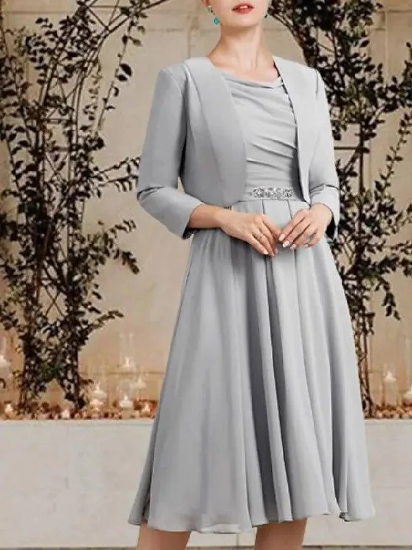 A-Line Mother of the Bride Dress Elegant Wrap Included Jewel Neck Tea Length Chiffon Sleeveless with Crystal Brooch Side-Draped