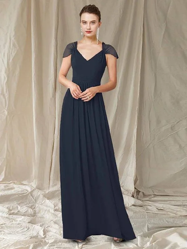 A-Line Mother of the Bride Dress Elegant V Neck Floor Length Chiffon Cap Sleeve with Pleats