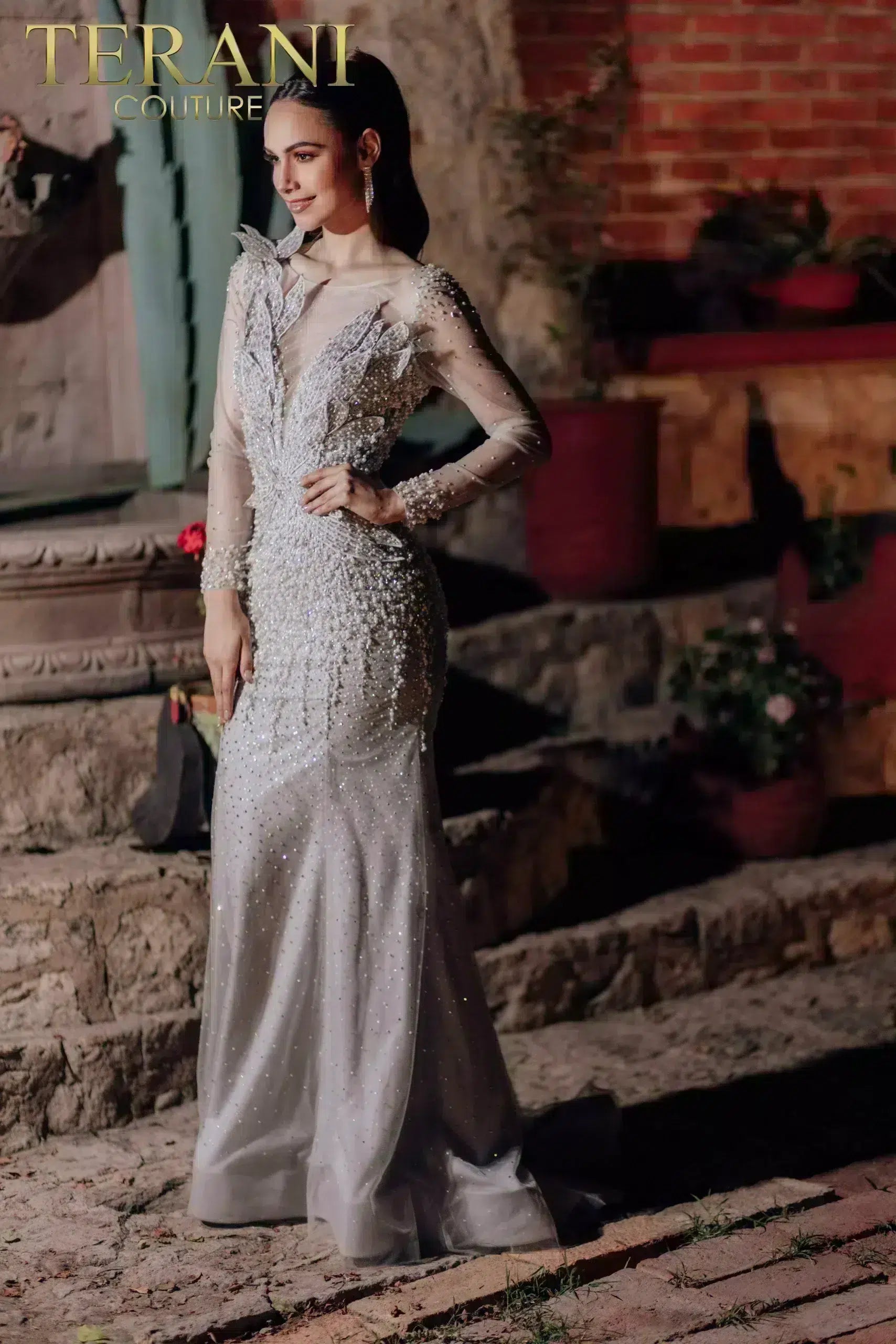 Terani Couture 232GL1454 Beaded Long Sleeve Mermaid Formal Evening Dress