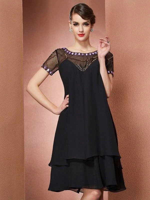 A-Line/Princess Scoop Short Sleeves Beading Short Chiffon Mother of the Bride Dresses A-Line/Princess Scoop Short Sleeves Beading Short Chiffon Mother of the Bride Dresses