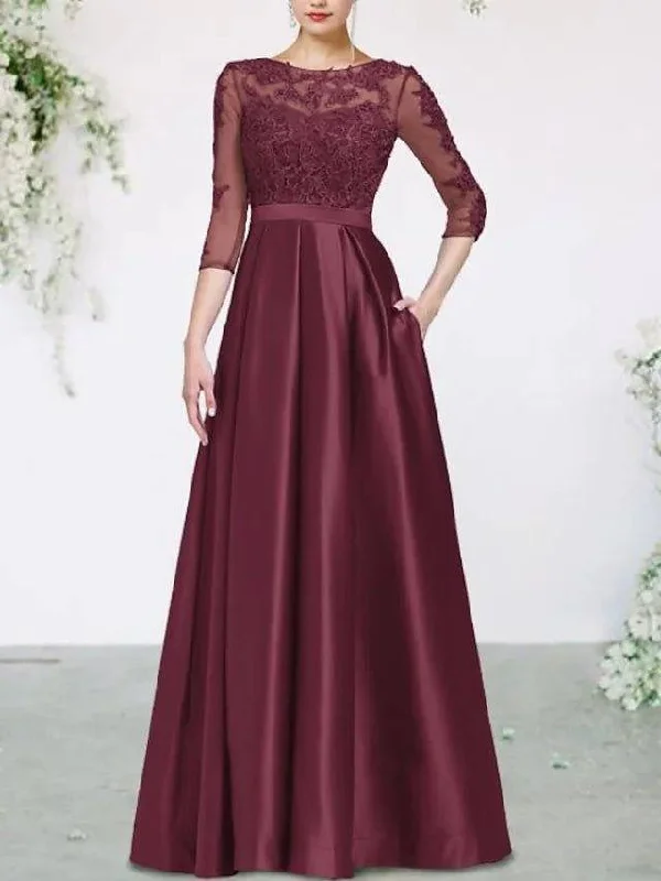 A-Line Mother of the Bride Dress Plus Size Elegant Jewel Neck Floor Length Lace Satin 3/4 Length Sleeve with Pleats Appliques