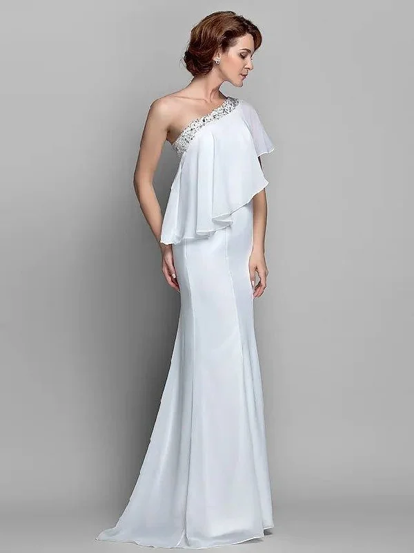 A-Line Mother of the Bride Dress Sparkle & Shine One Shoulder Floor Length Chiffon Sleeveless with Beading Ruffles A-Line Mother of the Bride Dress Sparkle & Shine One Shoulder Floor Length Chiffon Sleeveless with Beading Ruffles