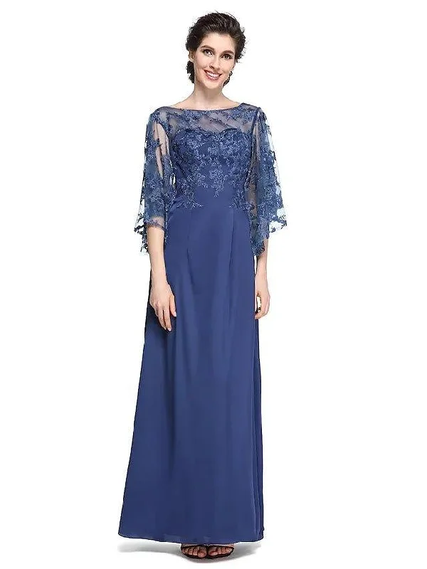 Sheath / Column Mother of the Bride Dress Elegant See Through Bateau Neck Ankle Length Chiffon Lace Half Sleeve with Lace Sheath / Column Mother of the Bride Dress Elegant See Through Bateau Neck Ankle Length Chiffon Lace Half Sleeve with Lace